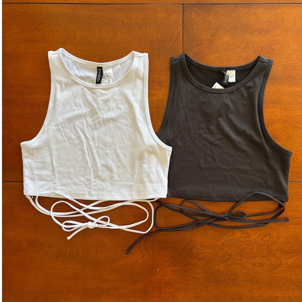 H&M Divided Ribbed Tie Hem Crop Top Bundle Black White NWT Set of 2 Size L
